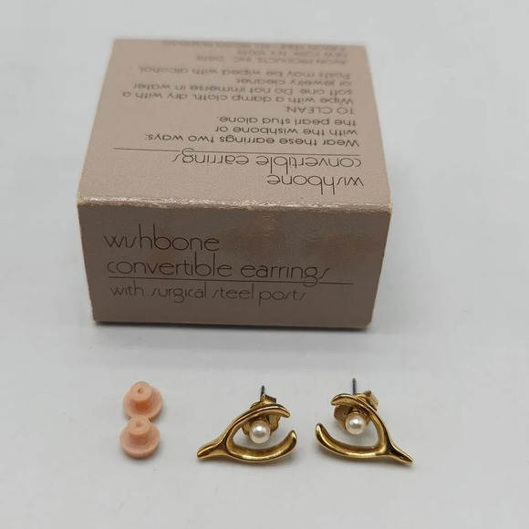Avon 1984 Wishbone Convertible Earrings Faux Pearl Surgical Steel Posts - Picture 2 of 5